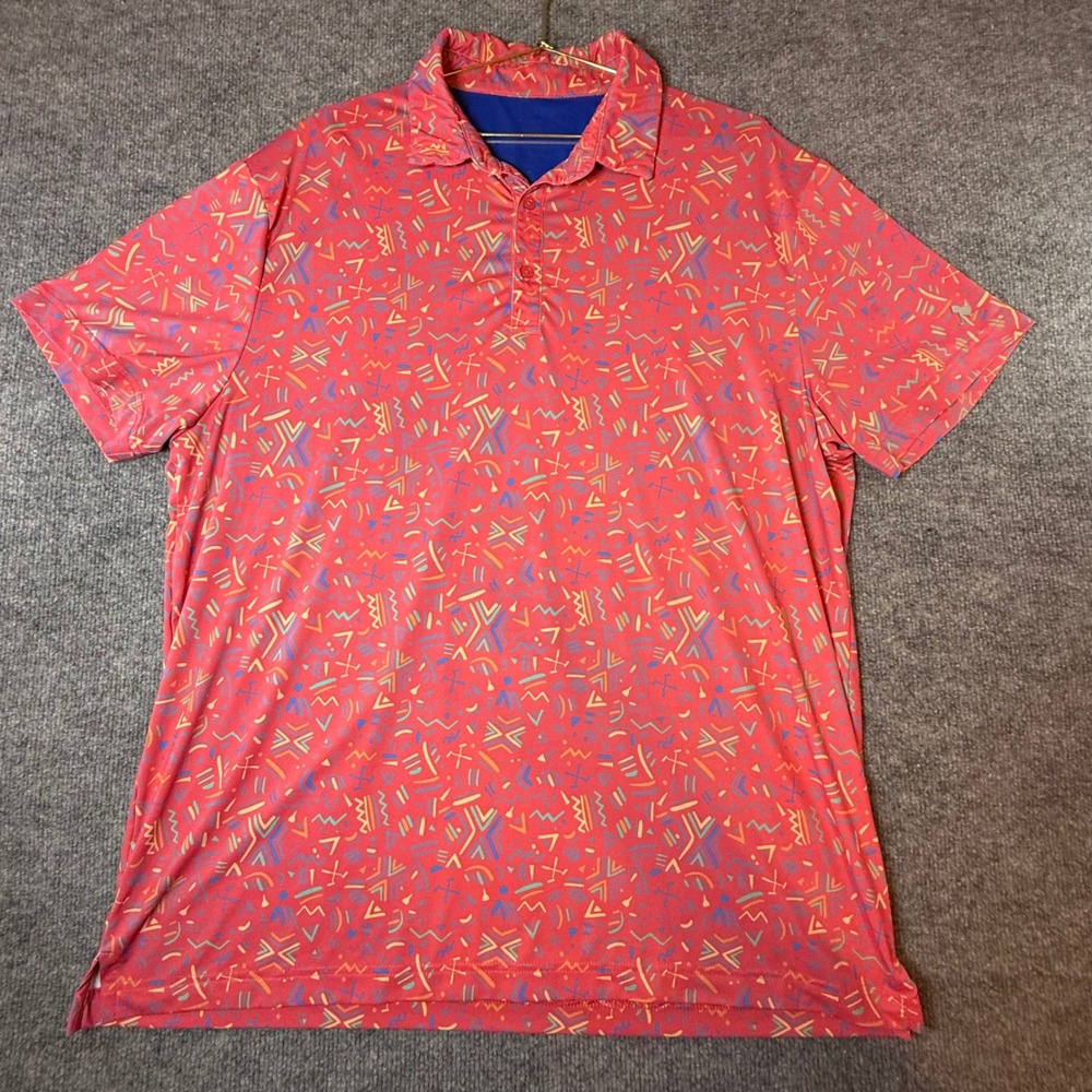 Birdie Bound XL Performance Golf Polo Shirt Coral Geometric Abstract Print